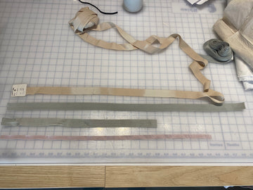 Top (example) twill / grosgrain ribbon for belt; foldover elastics for neck; foldover elastics for cuffs, grosgrain ribbon to tie back
